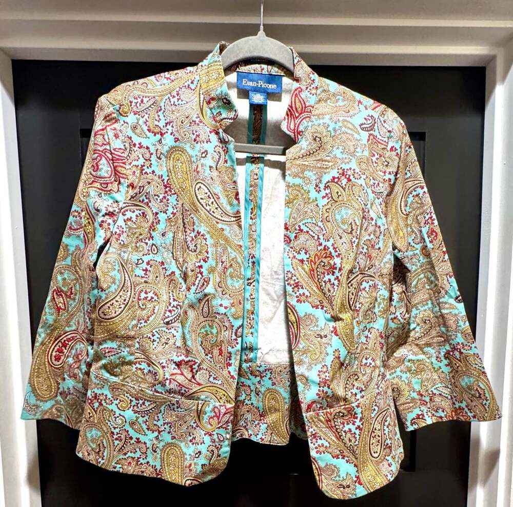 Evan-Picone Turquoise Multi Paisley Print Stretch Cotton Blazer Jacket Size 10